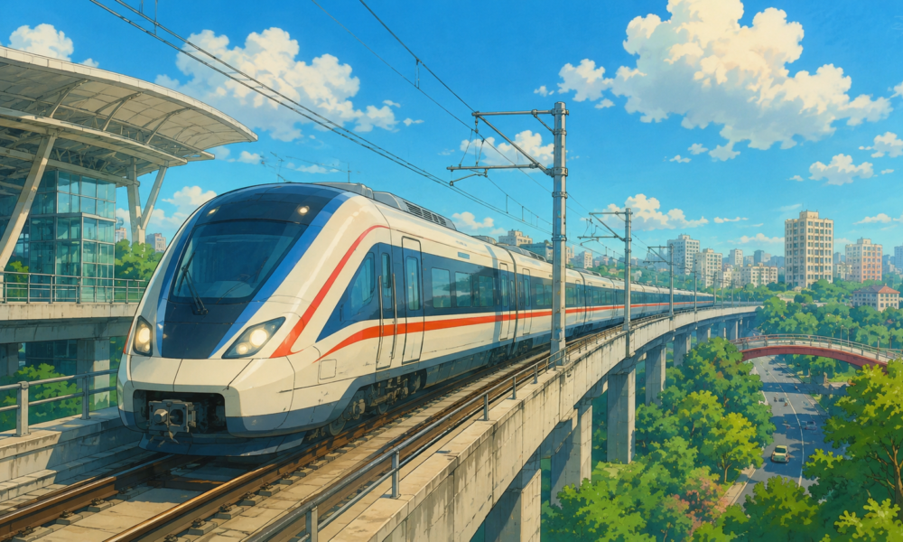 Studio Ghibli style illustration of a Namo Bharat rapid rail train travelling on the Delhi Ghaziabad Meerut corridor with modern station infrastructure.