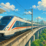 Studio Ghibli style illustration of a Namo Bharat rapid rail train travelling on the Delhi Ghaziabad Meerut corridor with modern station infrastructure.