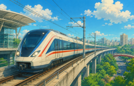 Studio Ghibli style illustration of a Namo Bharat rapid rail train travelling on the Delhi Ghaziabad Meerut corridor with modern station infrastructure.
