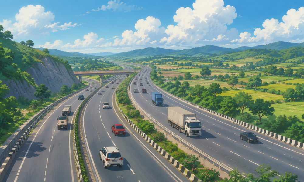 Delhi-Mumbai Expressway with multiple lanes and vehicles during ongoing construction in Rajasthan.