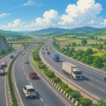 Delhi-Mumbai Expressway with multiple lanes and vehicles during ongoing construction in Rajasthan.