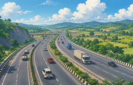 Delhi-Mumbai Expressway with multiple lanes and vehicles during ongoing construction in Rajasthan.