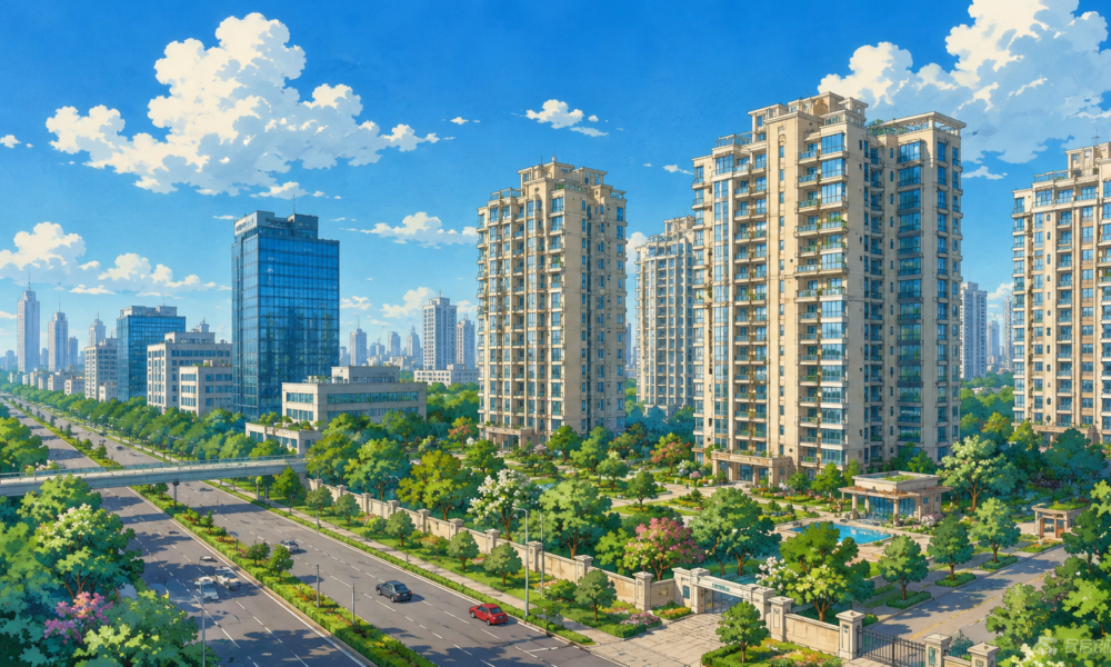 Studio Ghibli-style illustration of Gurugram's modern skyline featuring luxury residential towers, landscaped communities and commercial buildings representing the city's growing premium real estate market.