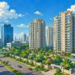 Studio Ghibli-style illustration of Gurugram's modern skyline featuring luxury residential towers, landscaped communities and commercial buildings representing the city's growing premium real estate market.