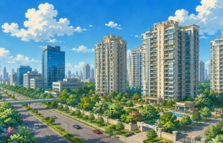Studio Ghibli-style illustration of Gurugram's modern skyline featuring luxury residential towers, landscaped communities and commercial buildings representing the city's growing premium real estate market.