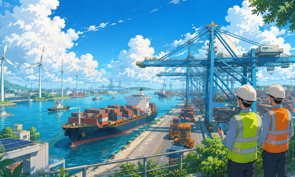 Studio Ghibli style illustration of a modern Grade A logistics warehouse with freight trucks at loading bays near Mumbai, representing India's expanding logistics infrastructure.