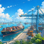 Studio Ghibli style illustration of a modern Grade A logistics warehouse with freight trucks at loading bays near Mumbai, representing India's expanding logistics infrastructure.
