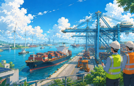 Studio Ghibli style illustration of a modern Grade A logistics warehouse with freight trucks at loading bays near Mumbai, representing India's expanding logistics infrastructure.