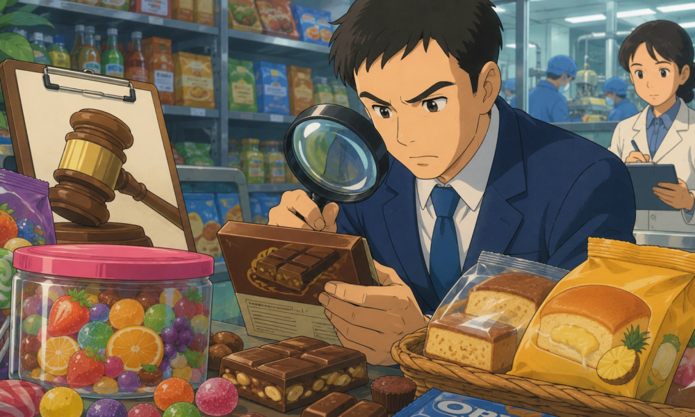 Studio Ghibli-style illustration of a food safety inspector examining packaged chocolates, candies and bakery products in a supermarket during an FSSAI food labelling inspection.