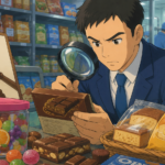 Studio Ghibli-style illustration of a food safety inspector examining packaged chocolates, candies and bakery products in a supermarket during an FSSAI food labelling inspection.