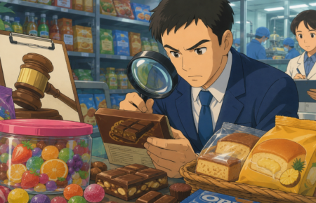 Studio Ghibli-style illustration of a food safety inspector examining packaged chocolates, candies and bakery products in a supermarket during an FSSAI food labelling inspection.