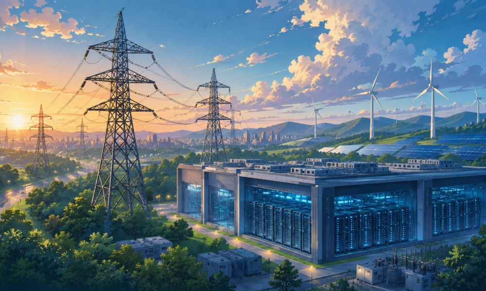 High voltage power transmission lines supplying a modern AI data centre campus in India at sunset