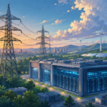 High voltage power transmission lines supplying a modern AI data centre campus in India at sunset