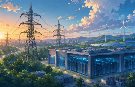 High voltage power transmission lines supplying a modern AI data centre campus in India at sunset