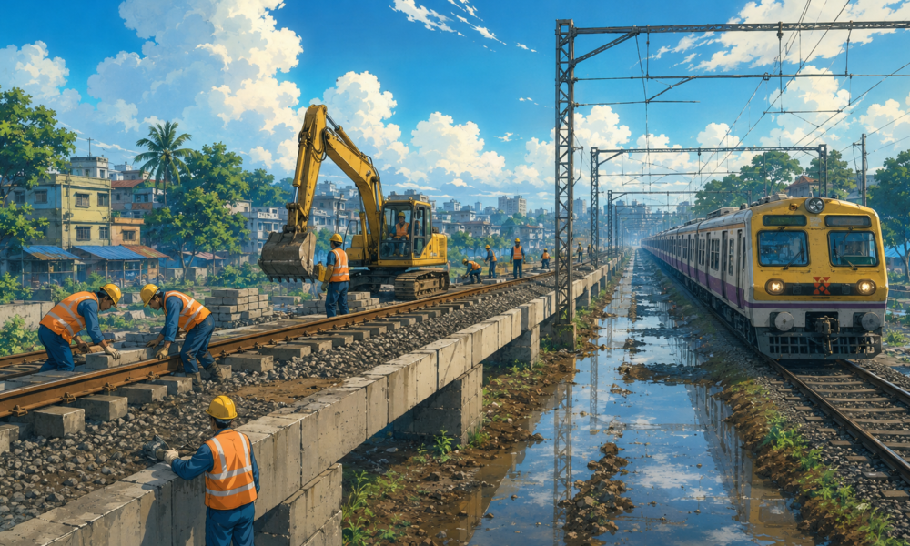 Workers carrying out railway track improvement work on Mumbai's suburban railway corridor.