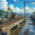 Workers carrying out railway track improvement work on Mumbai's suburban railway corridor.