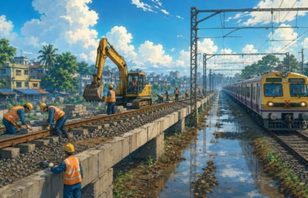 Workers carrying out railway track improvement work on Mumbai's suburban railway corridor.