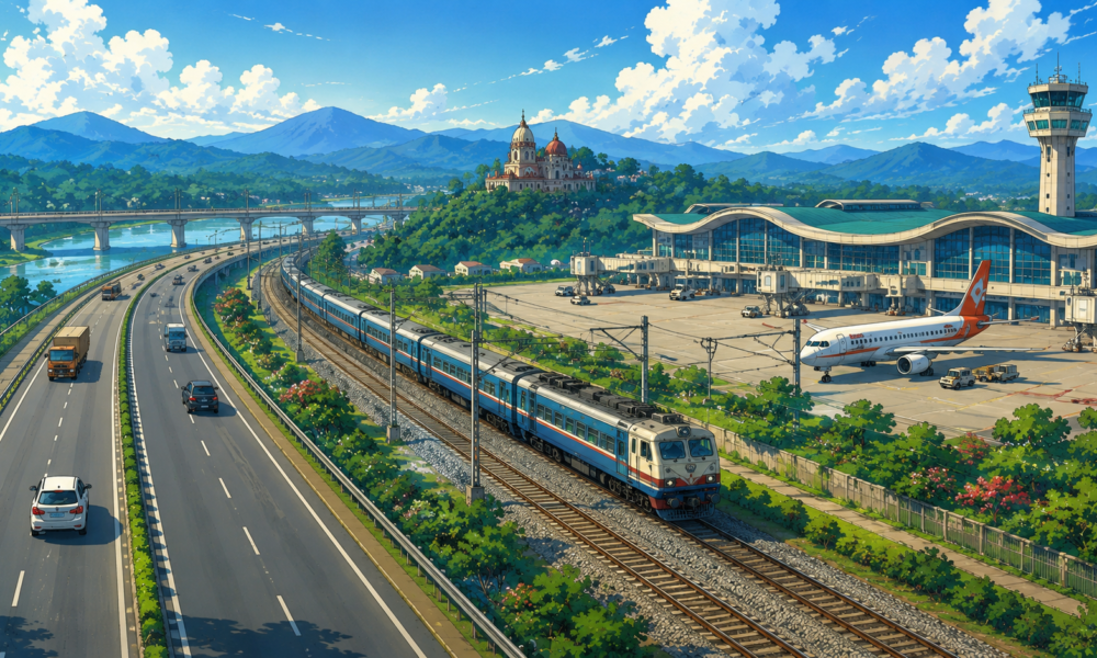 Modern highway, railway line and regional airport representing integrated transport infrastructure in Assam.