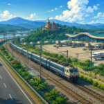 Modern highway, railway line and regional airport representing integrated transport infrastructure in Assam.