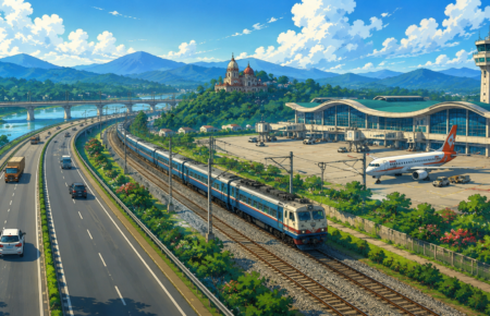 Modern highway, railway line and regional airport representing integrated transport infrastructure in Assam.