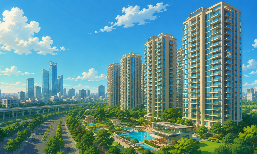 Illustration of luxury residential towers representing Oberoi Realty's Three Sixty North project in Gurugram.