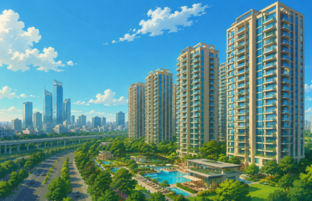 Illustration of luxury residential towers representing Oberoi Realty's Three Sixty North project in Gurugram.
