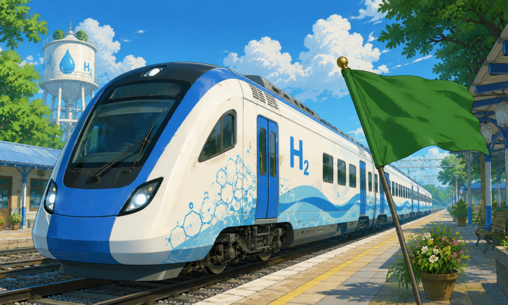 Illustration of India's first hydrogen-powered train at Jind Railway Station with a ceremonial green flag before its inaugural journey.