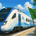 Illustration of India's first hydrogen-powered train at Jind Railway Station with a ceremonial green flag before its inaugural journey.