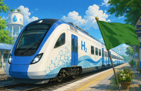 Illustration of India's first hydrogen-powered train at Jind Railway Station with a ceremonial green flag before its inaugural journey.