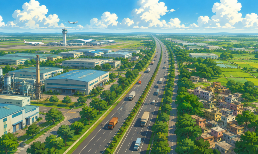 Aerial illustration of the planned industrial corridor connecting Noida International Airport with Tappal-Bajna featuring warehouses, factories, highways and logistics infrastructure.