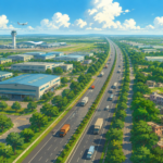Aerial illustration of the planned industrial corridor connecting Noida International Airport with Tappal-Bajna featuring warehouses, factories, highways and logistics infrastructure.
