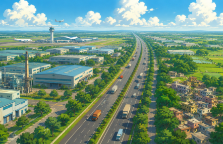 Aerial illustration of the planned industrial corridor connecting Noida International Airport with Tappal-Bajna featuring warehouses, factories, highways and logistics infrastructure.