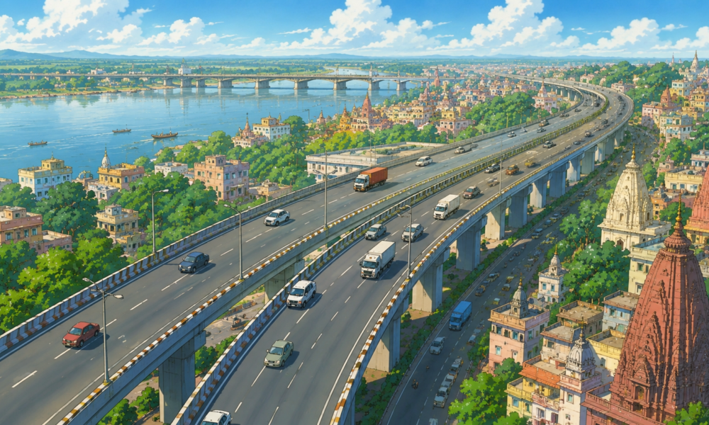 Aerial view of modern elevated highways crossing Varanasi with flowing traffic, bridges and urban development.