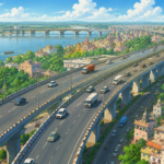Aerial view of modern elevated highways crossing Varanasi with flowing traffic, bridges and urban development.