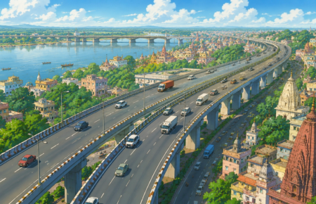 Aerial view of modern elevated highways crossing Varanasi with flowing traffic, bridges and urban development.