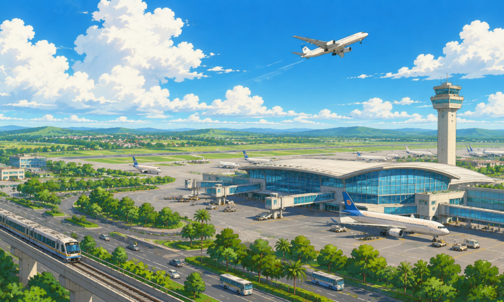 Modern regional airport with aircraft, new passenger terminal, runway and surrounding transport infrastructure under a clear blue sky.