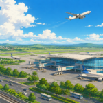 Modern regional airport with aircraft, new passenger terminal, runway and surrounding transport infrastructure under a clear blue sky.