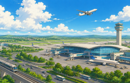 Modern regional airport with aircraft, new passenger terminal, runway and surrounding transport infrastructure under a clear blue sky.