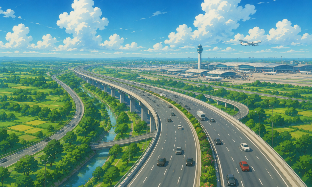 Modern greenfield expressway leading towards Noida International Airport with elevated highway infrastructure.