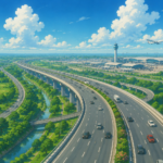 Modern greenfield expressway leading towards Noida International Airport with elevated highway infrastructure.