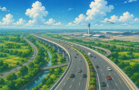 Modern greenfield expressway leading towards Noida International Airport with elevated highway infrastructure.