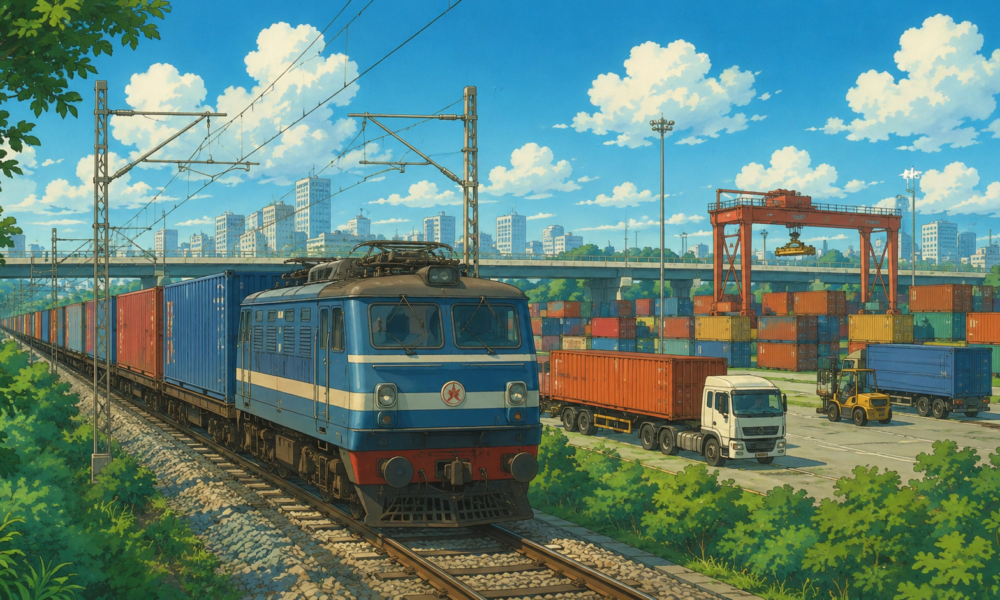 Freight container train operating on Indian Railways with modern logistics infrastructure in the background.
