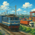 Freight container train operating on Indian Railways with modern logistics infrastructure in the background.