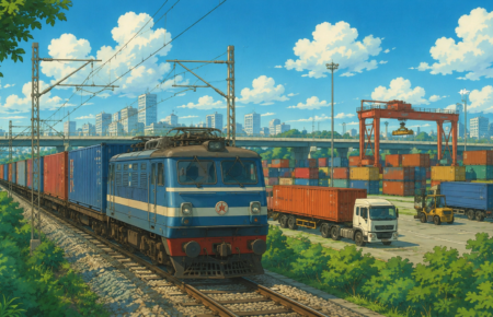 Freight container train operating on Indian Railways with modern logistics infrastructure in the background.