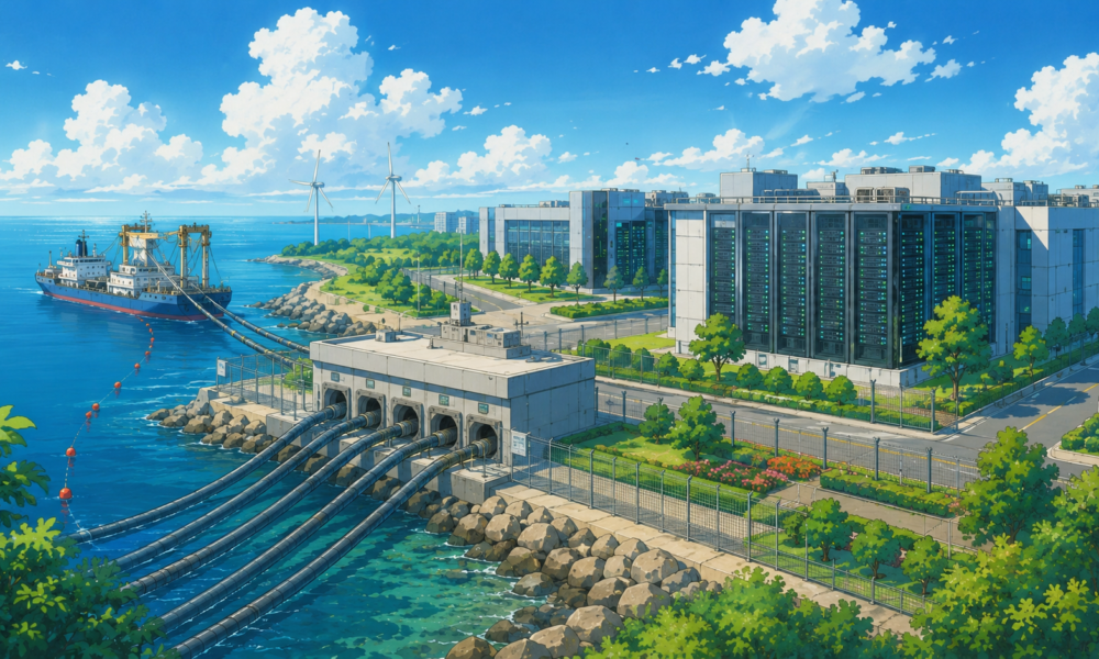 Modern data centre campus near a coastal cable landing station with fibre optic infrastructure.