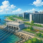 Modern data centre campus near a coastal cable landing station with fibre optic infrastructure.