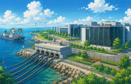Modern data centre campus near a coastal cable landing station with fibre optic infrastructure.