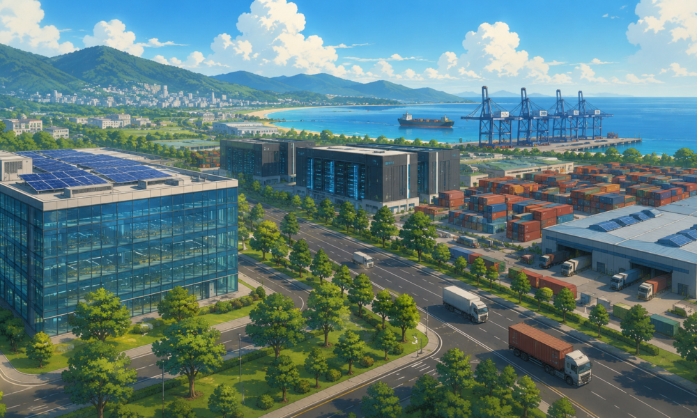Modern AI-enabled logistics park beside advanced data centre infrastructure in Visakhapatnam, India.