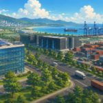Modern AI-enabled logistics park beside advanced data centre infrastructure in Visakhapatnam, India.