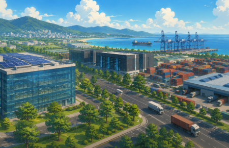Modern AI-enabled logistics park beside advanced data centre infrastructure in Visakhapatnam, India.